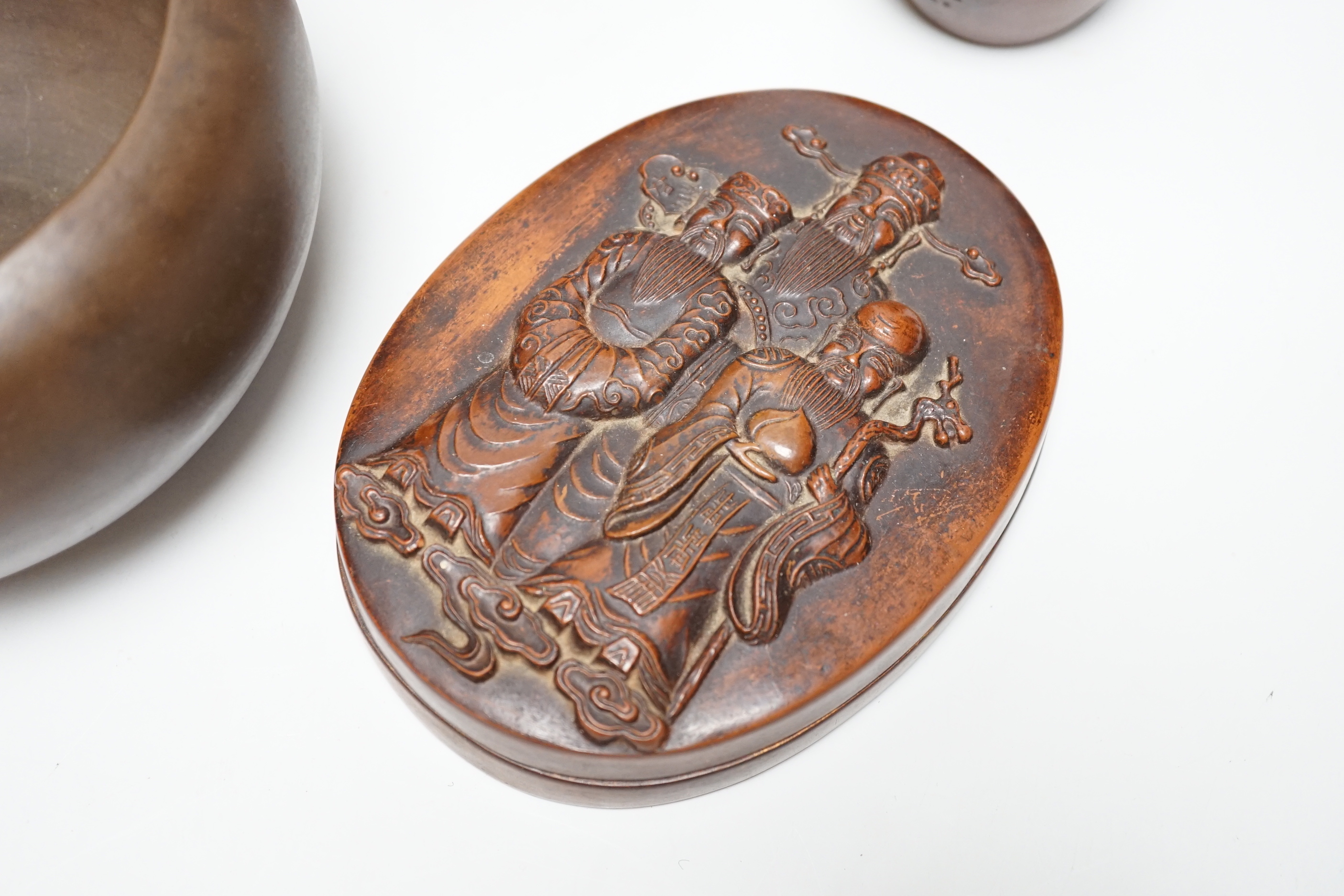 Chinese Yixing pottery- two lidded canisters, a vase, a bowl and an ink palette (5)